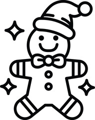 A cartoon gingerbread man wearing a hat and a bow tie