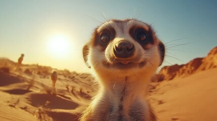 Close-Up Portrait of a Meerkat with its Tongue Out in a Desert Setting
