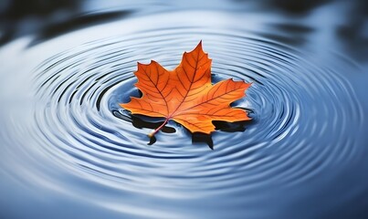 Bright orange leaves drift on calm water creating enchanting ripples in a tranquil fall landscape, Generative AI