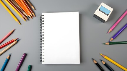 There is a notepad and colored pencils on a gray background. School set. Artist's office.