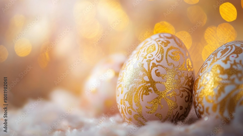 Aufkleber decorative easter eggs with intricate gold patterns on a soft background surrounded by warm glowing 