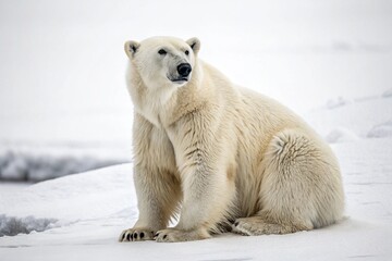 Fototapeta premium A high-resolution image of a polar bear sitting on snow amidst the vast ocean, showcasing its natural habitat.