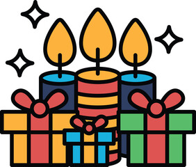 A colorful arrangement of candles and presents with a festive