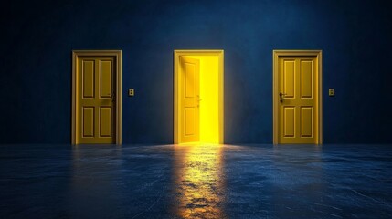Three yellow doors, one open with light shining through, against a dark blue wall.