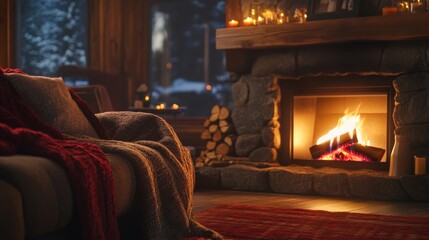 Flickering Flames in a Rustic Fireplace on a Cool Evening