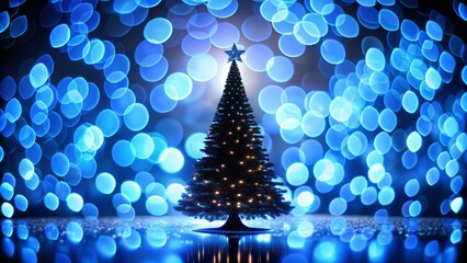 Captivating Low Light Photography of a Silhouette Christmas Tree Against a Blue Circle Art Background Radiating Warmth and Holiday Cheer in a Festive Atmosphere