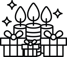 A black and white arrangement of candles and presents with a festive