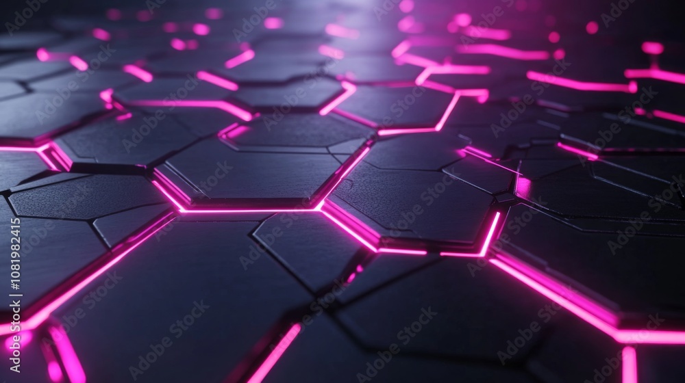 Poster abstract hexagonal pattern with glowing pink lines on a dark surface, creating a modern futuristic b