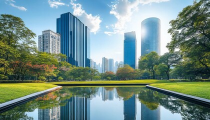 Fototapeta premium Modern Cityscape, Business District with Skyscrapers, Green Park, and Reflection Pool on a Sunny Day