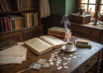 Fototapeta premium Vintage Style Photography of a Brain Training Puzzle Scene Featuring an Antique Desk, Old Books, and a Cup of Coffee in a Cozy, Dimly Lit Room for Cognitive Enhancement