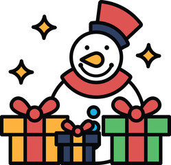 A cartoon snowman is holding a bunch of presents