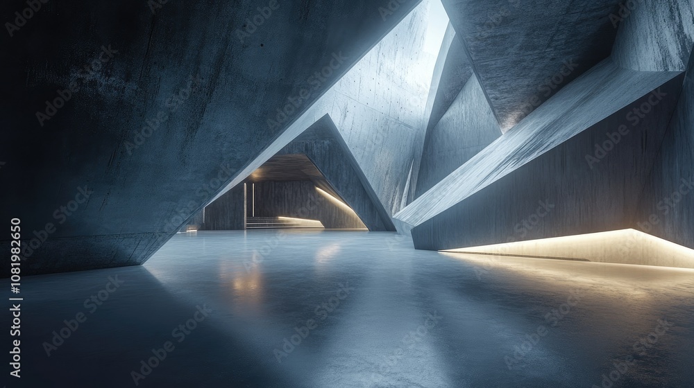 Poster 3D render of abstract futuristic architecture with empty concrete floor