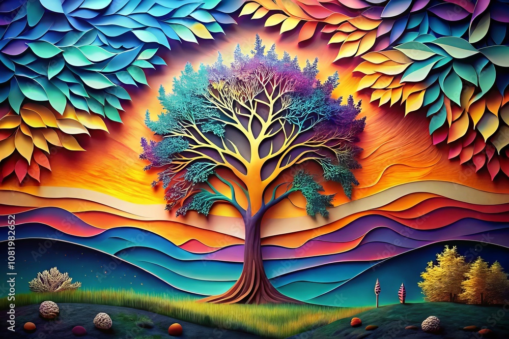 Poster captivating papercut tree silhouette against an abstract landscape with dynamic colors and textures,