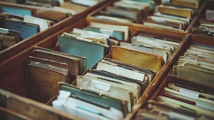 Postmodern library Office worker taking a folder in the archive File search, magnifying glass with a bunch of folders, Generative AI



