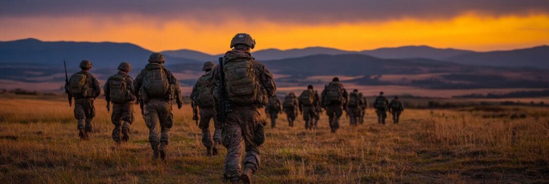 Military Soldiers Walking Through Field at Sunset - Powered by Adobe