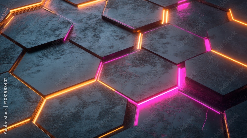 Poster abstract hexagonal pattern with neon glow design illuminating dark surface for modern background and