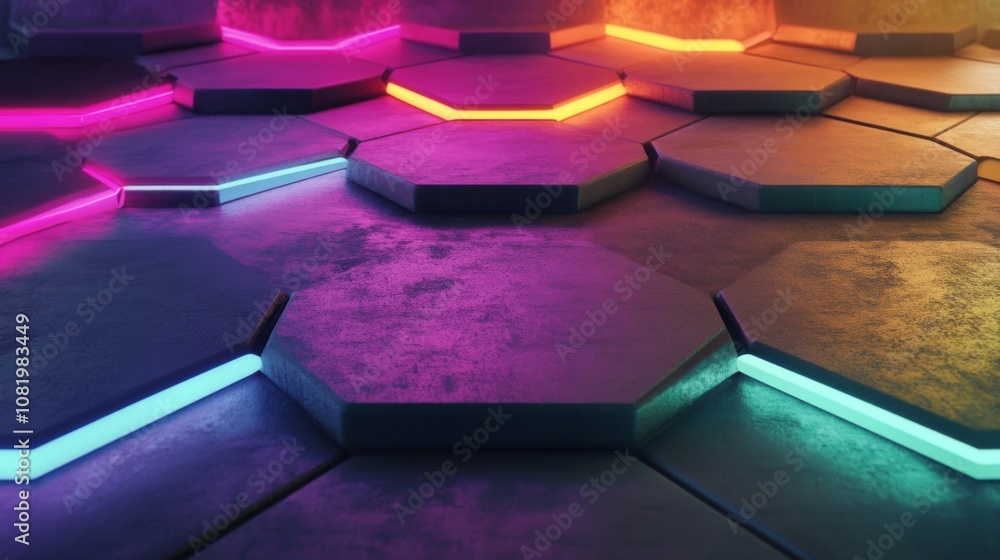 Poster abstract hexagonal floor with neon led lights in vibrant colors, ideal for modern backgrounds and fu