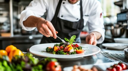 Chef Arranging a Colorful Vegetable Salad with a Fork