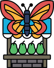 A butterfly is on top of a fruit stand with four pears