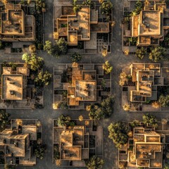 Aerial view of a residential neighborhood with buildings and trees.