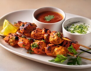 Fototapeta premium A Bold Presentation of Tandoori Chicken Skewers Marinated with Yogurt and Spices, Served on a Clean White Platter with Cilantro Garnish and Bright Dips