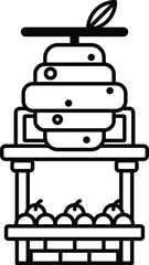 A cartoon drawing of a fruit stand with a large black and white fruit on top