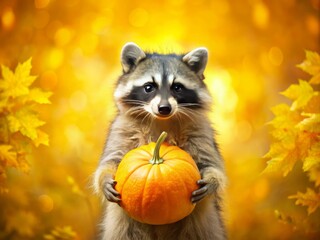 Fototapeta premium Charming Raccoon with Pumpkin on Bright Yellow Background in Double Exposure Style for Seasonal and Nature-themed Stock Photography