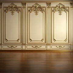 Elegant wall paneling with gold accents and wooden floor.