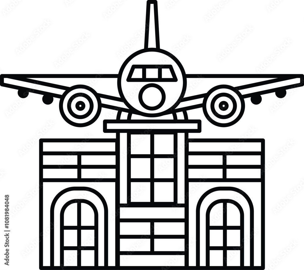 Poster a large building with a large airplane on top of it