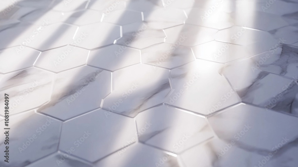 Poster Close-Up View of Elegant Hexagonal Marble Tiles with Soft Light and Shadows Creating a Modern, Minimalist Atmosphere for Contemporary Interior Design Projects