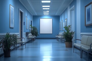 Fototapeta premium A mockup of an empty white poster on the wall in modern hospital waiting room with comfortable chairs and medical equipment. empty white blank poster on white wall in hospital, white board.