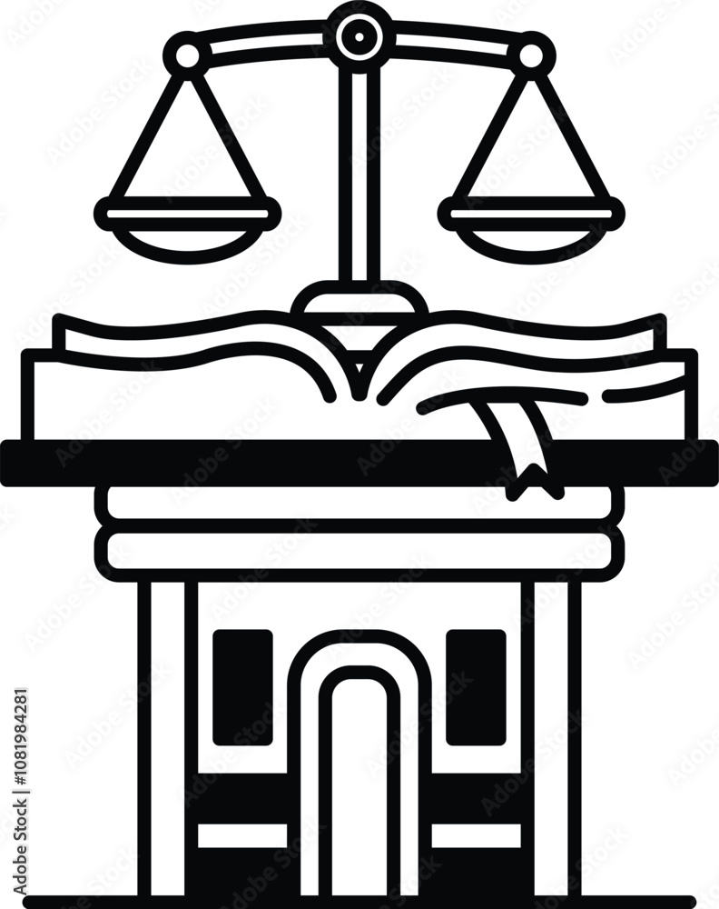 Poster a building with a book and scales on top of it