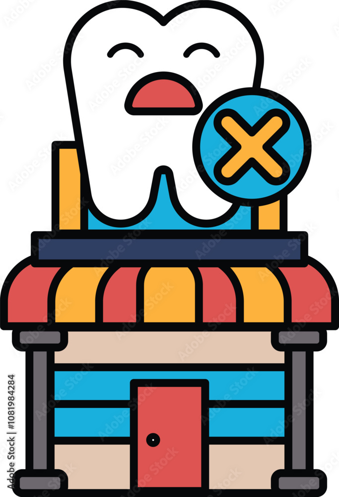 Poster a cartoon drawing of a building with a tooth on top of it and an x on the bottom