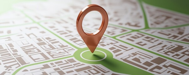 Fototapeta premium A close-up view of a map with a distinctive location pin, indicating a specific point of interest on a green background.