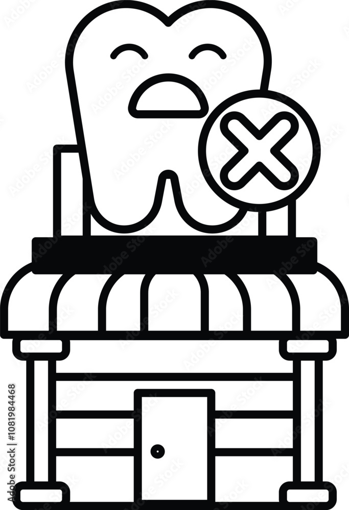 Poster a cartoon drawing of a building with a tooth on top of it and an x on the bottom
