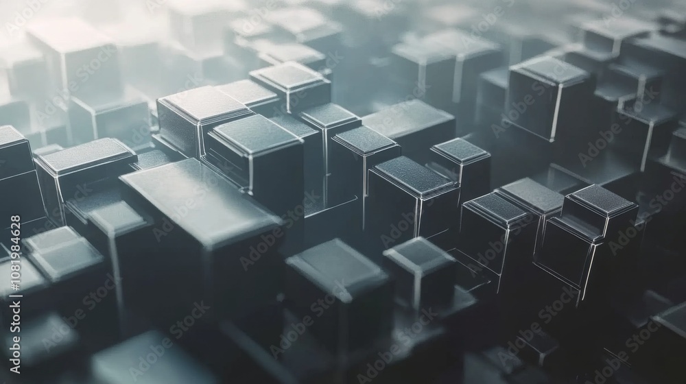 Poster abstract 3d rendering of geometric metallic cubes in a foggy environment with soft lighting effects 