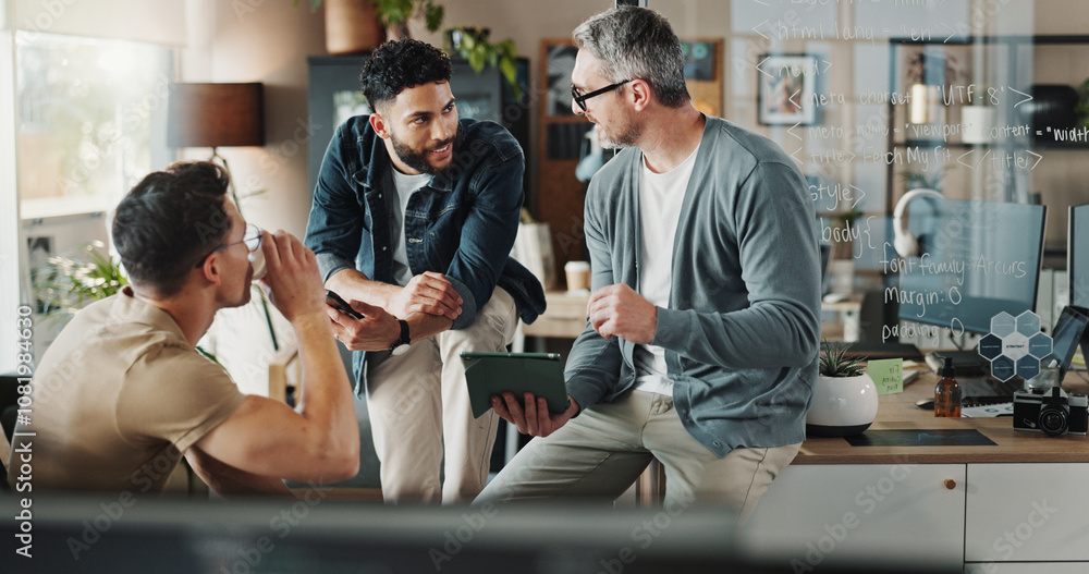 Aufkleber Programmer, teamwork and tablet with business people in office for website developer, coding bootcamp and review. Mentor, collaboration and software engineer with group of employees in tech startup
