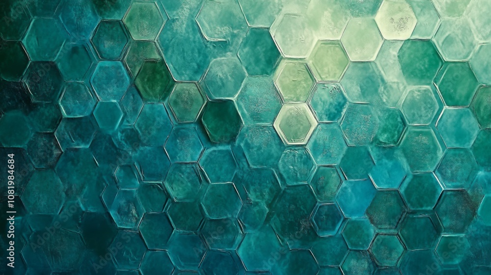 Poster textured background with hexagonal patterns in shades of green and blue, ideal for abstract designs 