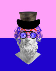 Sculpture bust with tweed top hat, blue glasses, and expressive gaze, set against pink and blue background. Contemporary art collage. Concept of modern art, creativity, inspiration. Colorful design.