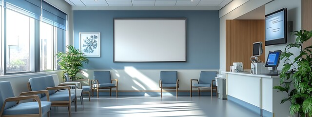A mockup of an empty white poster on the wall in modern hospital waiting room with comfortable chairs and medical equipment. empty white blank poster on white wall in hospital, white board.