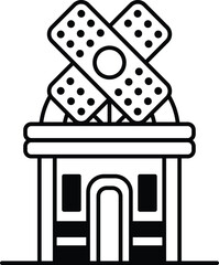 Illustration of a building and bandages in line drawing style