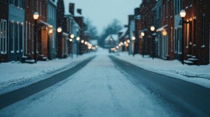 Serene Winter Street Scene Covered in Snow with Soft Glowing Street Lamps and Gentle Snowflakes Falling Creatively Capturing a Tranquil Atmosphere