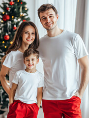 Fototapeta premium Mockup of a White T-Shirt Blank Shirt Photo with Christmas, White unisex t shirt with a xmas decor on wooden background top view. Blank Christmas shirt mock up