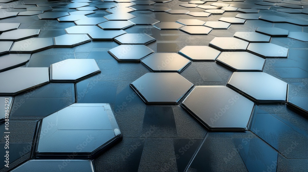 Aufkleber Abstract futuristic hexagonal tiles with reflective surfaces, creating a mesmerizing geometric pattern on the floor in a modern environment with soft lighting