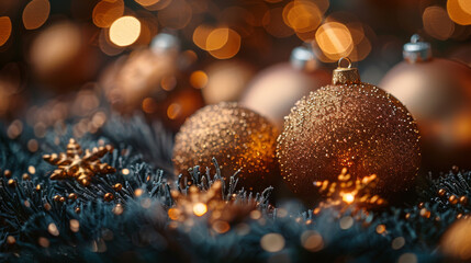 Golden festive Christmas decoration with warm bokeh blurred background empty copy space for text, Christmas banner, Fir branches with golden decoration balls baubles and blurred lights, AI generated