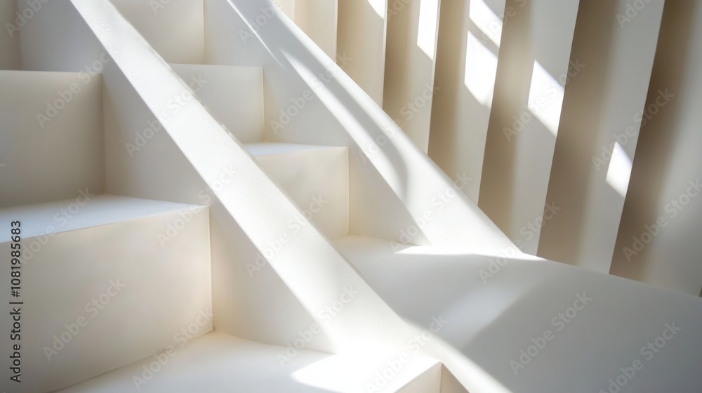 Poster serene architectural composition featuring abstract staircase with soft natural light and dynamic sh