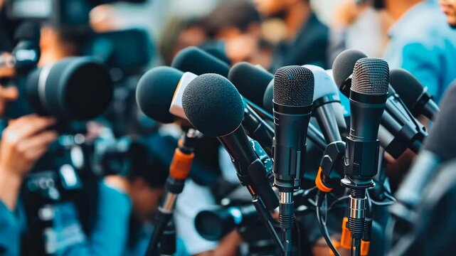 Journalists gather around microphones at a press conference in the city center discussing recent developments