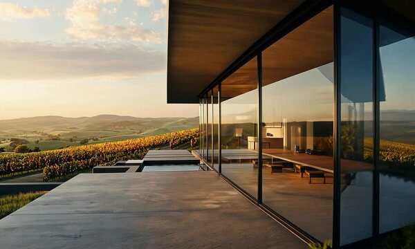 Minimalist house on a high plateau, with clean lines and large glass walls, presenting a picturesque view of a manicured vineyard and distant hills