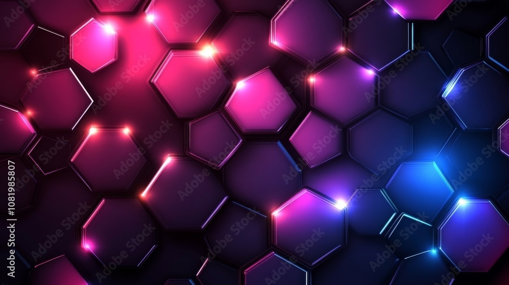 Poster vibrant hexagonal pattern with colorful lights in dark background, abstract neon design for modern g
