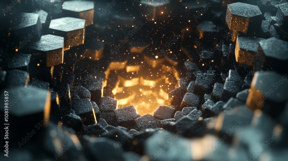 Poster abstract hexagonal structure with glowing center, illuminated particles, and mysterious depth showca